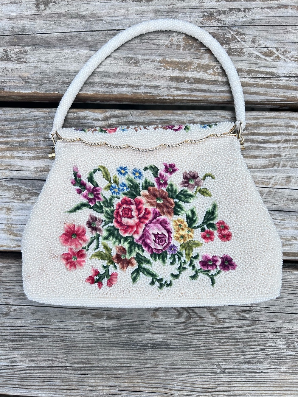 Vintage 1960 Hand Beaded Floral Needlepoint Top Handle Purse Ivory Evening Bag